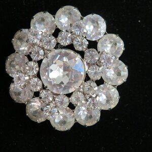 Vintage Weiss Clear Rhinestone Round Pin Brooch Silver-Tone Setting Mid-Century